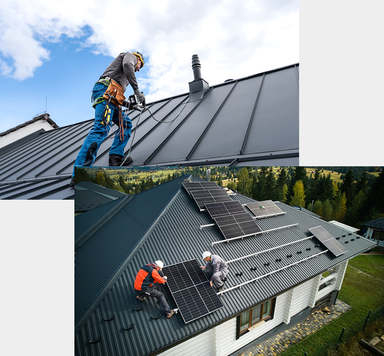 Roofers working on new roofs including solar panels.