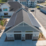 Aerial view of completed roofing project in multi-home community.