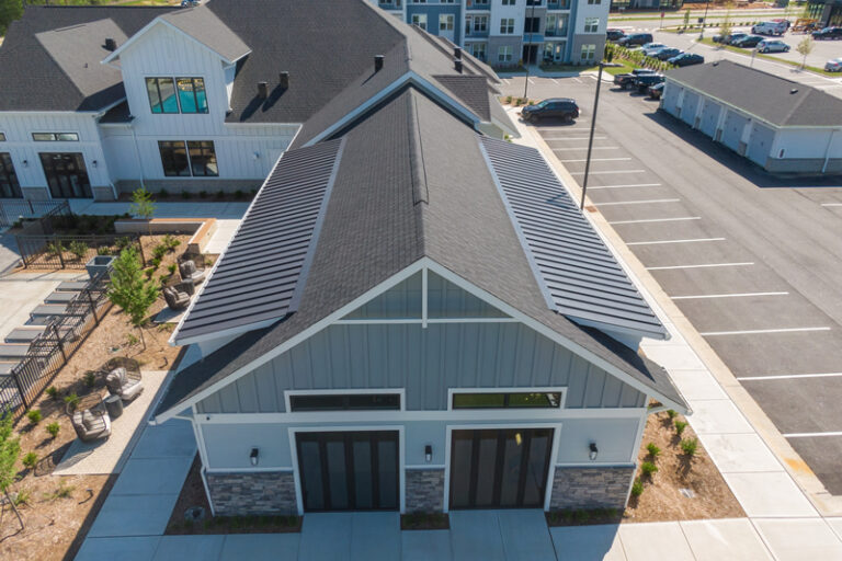 Aerial view of completed roofing project in multi-home community.