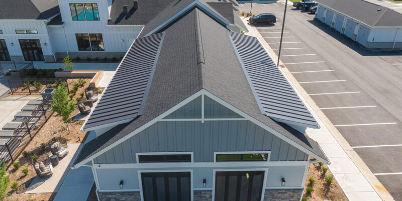 Aerial view of completed roofing project in multi-home community.