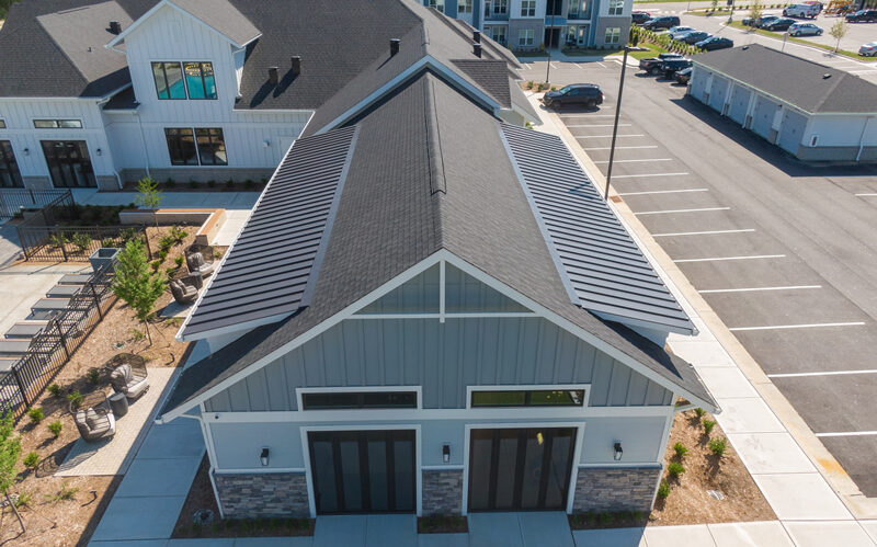 Aerial view of completed roofing project in multi-home community.