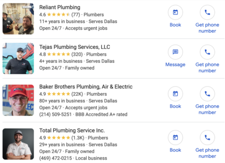 SERP results showing local service ads for plumbers