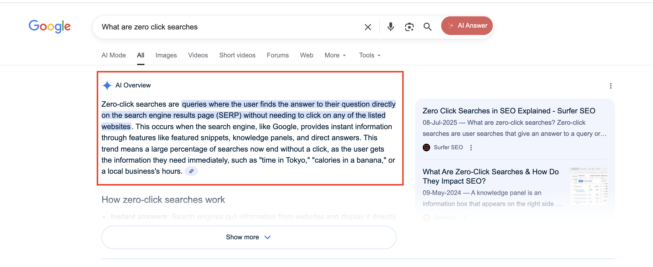 Zero click searches and SEO