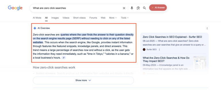 Screenshot showing an AI Overview search for what are zero click searches