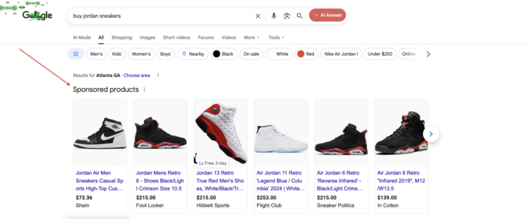 A SERP result for "Buy jordon sneakers" which shows Google Shopping ads