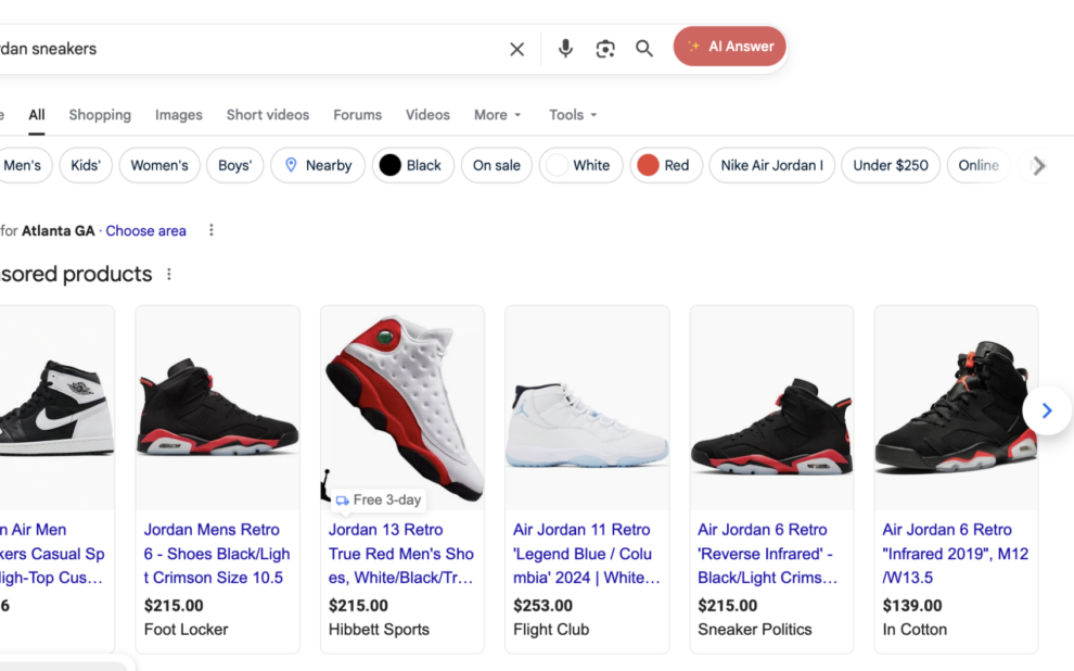 A SERP result for "Buy jordon sneakers" which shows Google Shopping ads