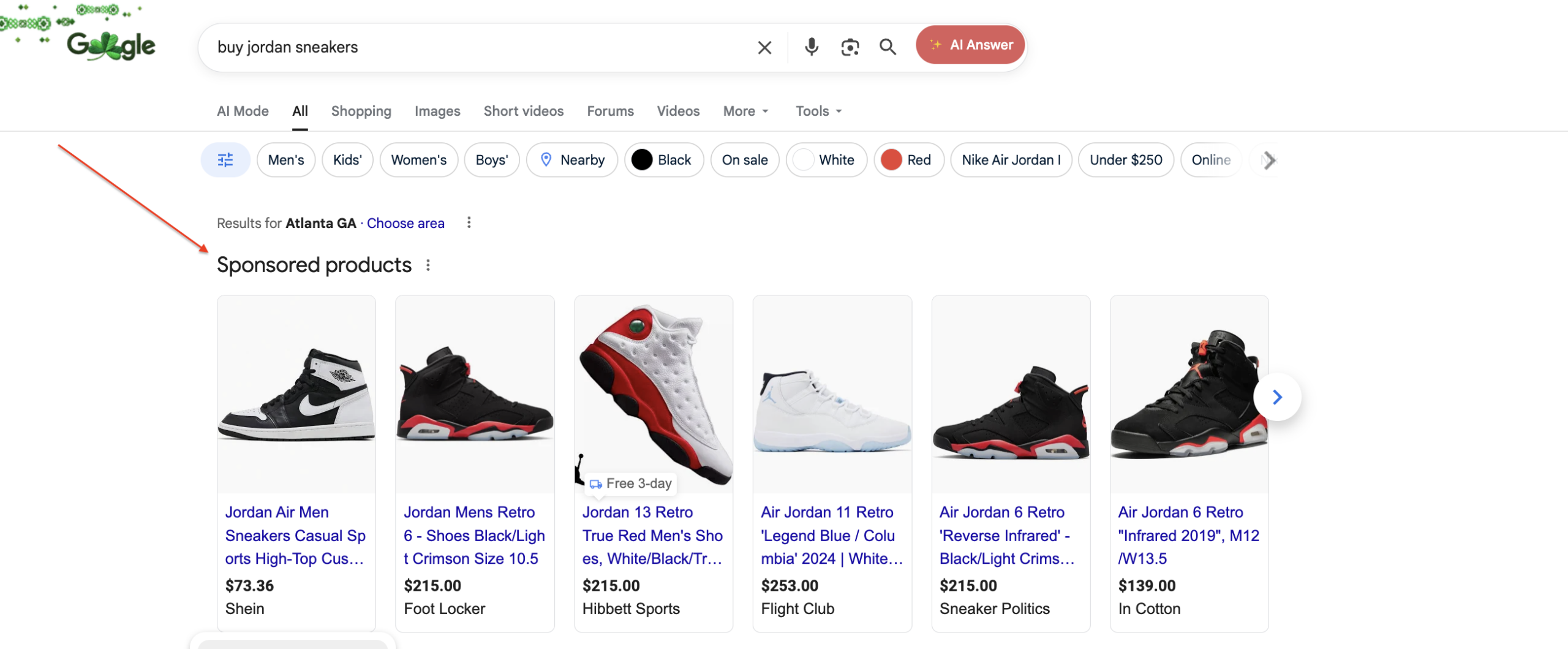 A SERP result for "Buy jordon sneakers" which shows Google Shopping ads