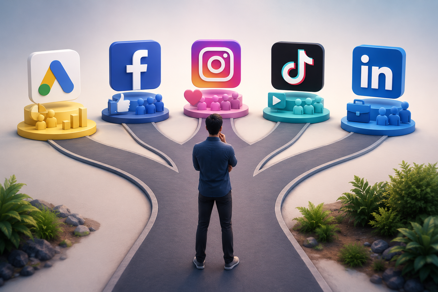 Illustration of a marketer selecting the right advertising platform for digital marketing campaigns across Google Ads, Facebook, Instagram, TikTok, and LinkedIn