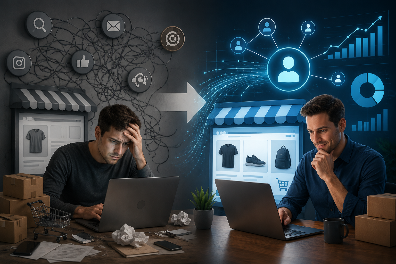 A cinematic split-scene illustration showing two contrasting approaches to e-commerce growth. On the left, a frustrated entrepreneur sits at a cluttered desk surrounded by chaos—tangled lines representing ineffective marketing channels, scattered social media and ad icons, crumpled papers, and a dull online storefront, symbolizing lack of direction and poor results. On the right, a confident entrepreneur works calmly at a clean desk with a bright, modern e-commerce interface displaying products, charts, and analytics. Flowing data streams and user icons connect to a growing graph and optimized storefront, representing data-driven marketing and customer acquisition success. A central arrow visually transitions from chaos to clarity, emphasizing the shift from guesswork to informed, data-led growth.