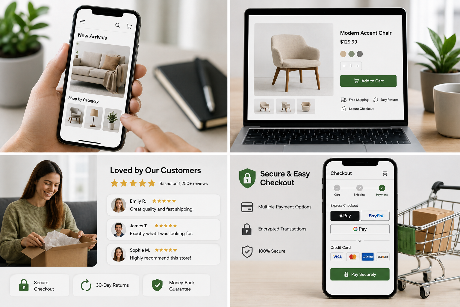 Shopify store conversion optimization concept showing mobile shopping, optimized product pages, customer reviews, secure checkout, multiple payment options, and trust signals to improve ecommerce sales.