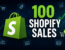 Shopify sales growth concept featuring 100 sales milestone, ecommerce shopping bag icon, analytics charts, and online store growth elements for increasing Shopify revenue.
