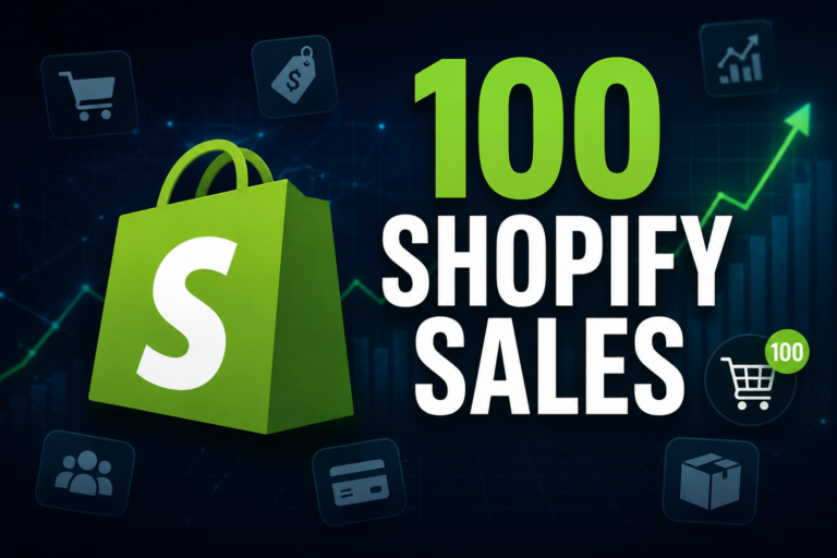 Shopify sales growth concept featuring 100 sales milestone, ecommerce shopping bag icon, analytics charts, and online store growth elements for increasing Shopify revenue.