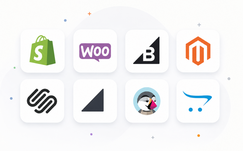 Illustration of multiple e-commerce platform logos displayed in a clean grid layout, representing popular online store platforms used for building and managing e-commerce websites.