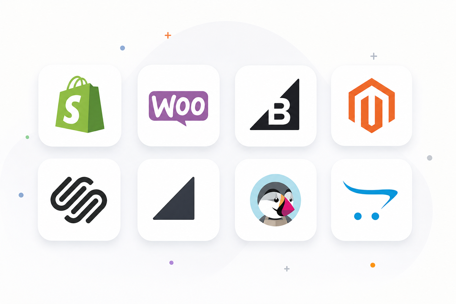 Illustration of multiple e-commerce platform logos displayed in a clean grid layout, representing popular online store platforms used for building and managing e-commerce websites.