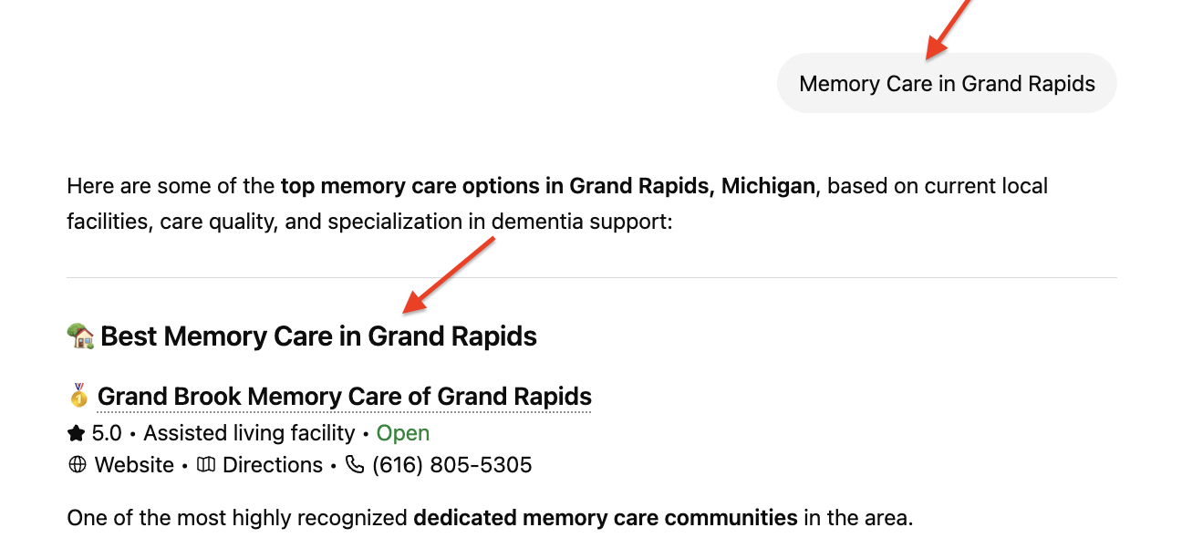 A screenshot showing that when a user asked ChatGpt "memory care in Grand Rapids", it pointed to Grand Brook Memory Care being the best