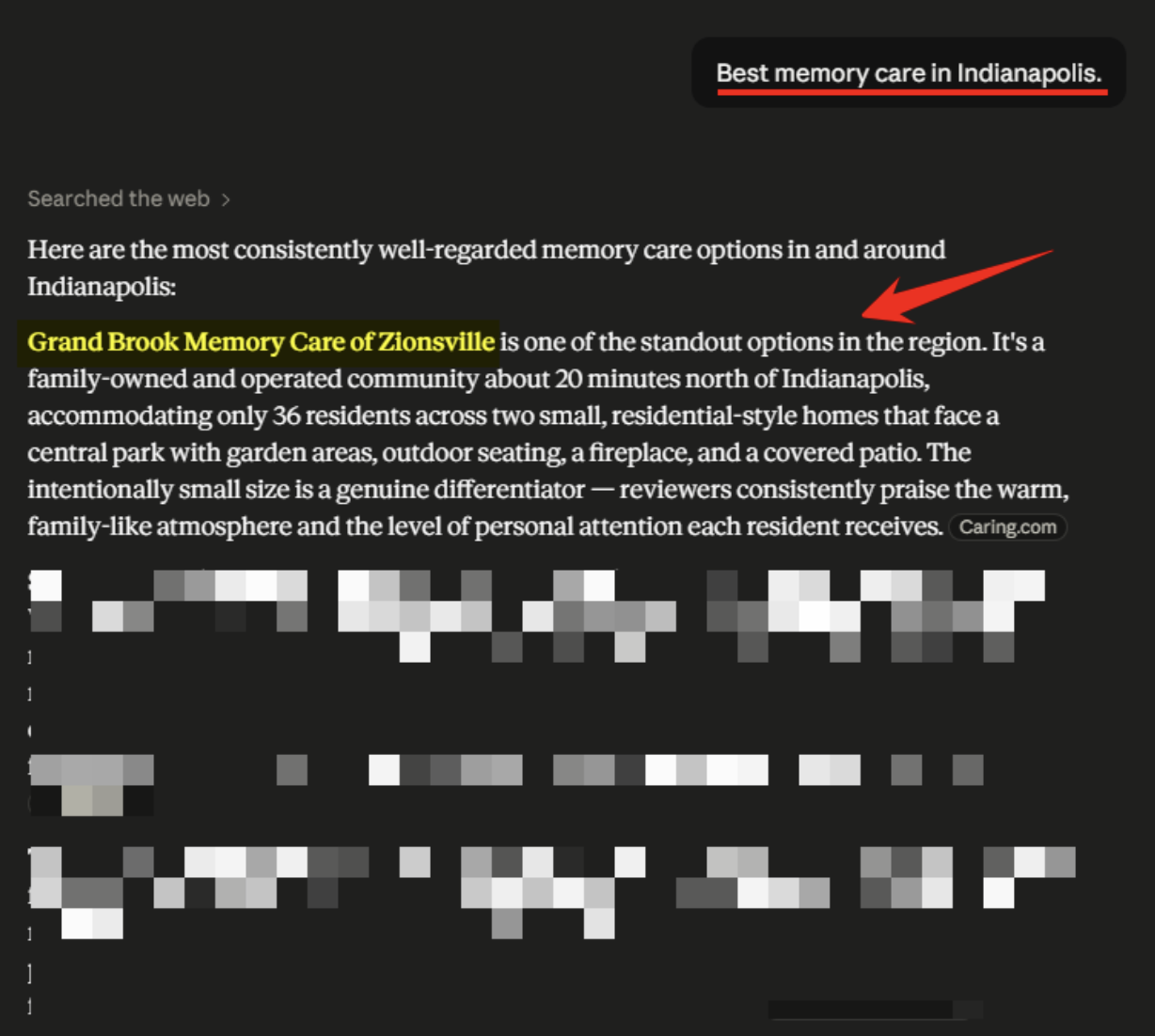 A screenshot showing that when a user asked Claude " best memory care in Indianapolis, it pointed to Grand Brook Memory Care being the best