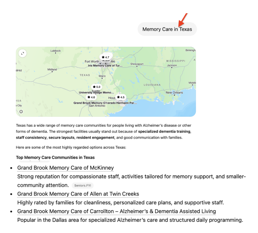 ChatGPT Result: Memory Care in Texas