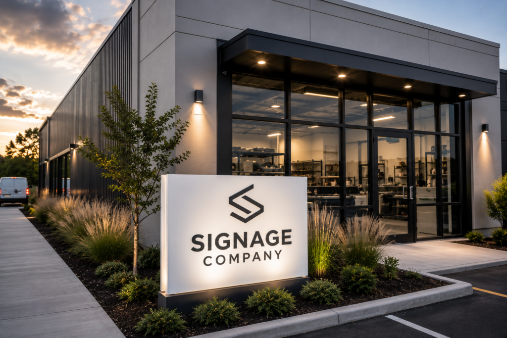 Modern commercial signage company with a custom monument sign outside its office, representing a Google Ads case study showcasing how Search Pros helped increase qualified leads for a Dallas–Fort Worth sign company through PPC management.