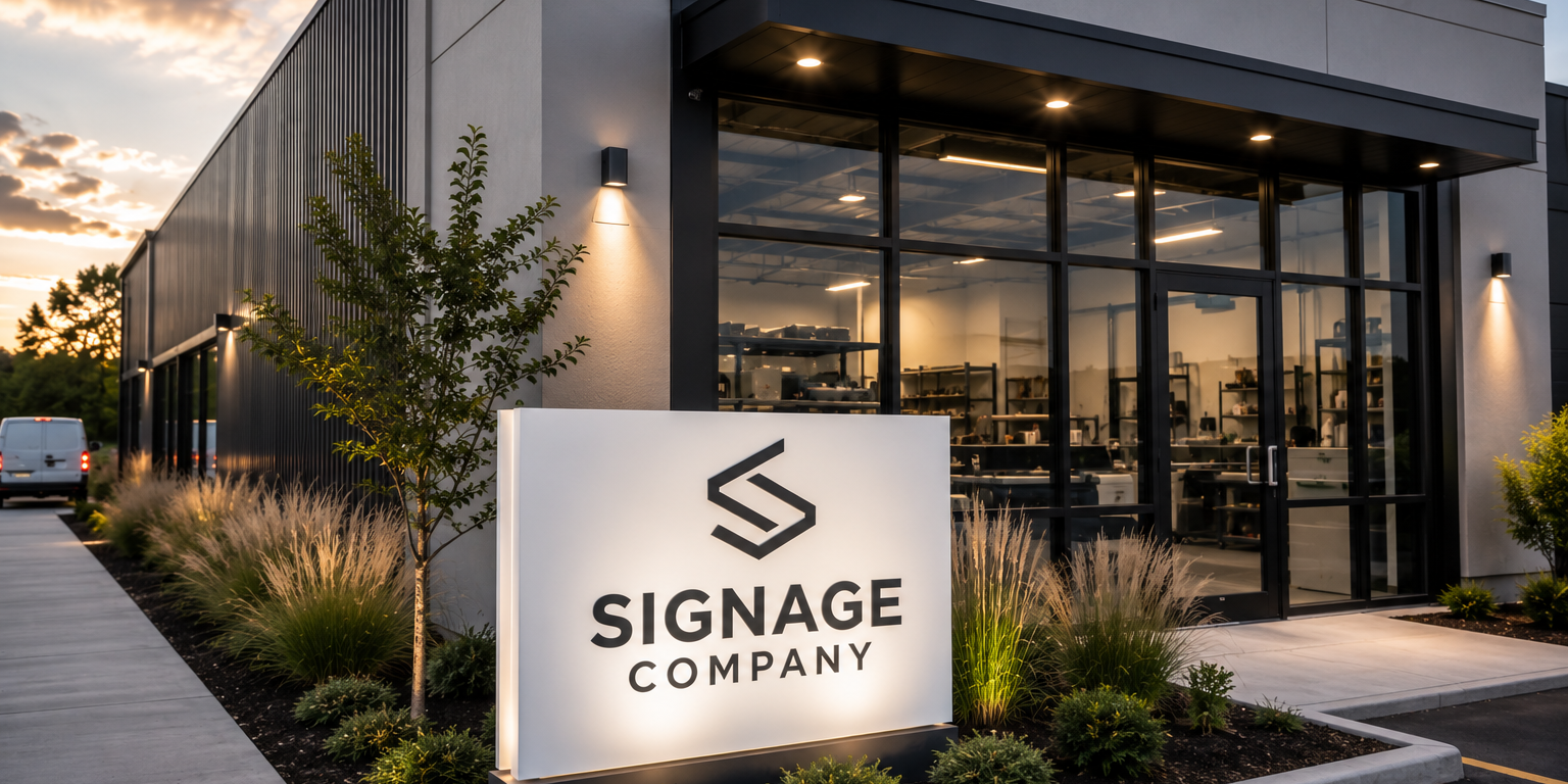 Modern commercial signage company with a custom monument sign outside its office, representing a Google Ads case study showcasing how Search Pros helped increase qualified leads for a Dallas–Fort Worth sign company through PPC management.