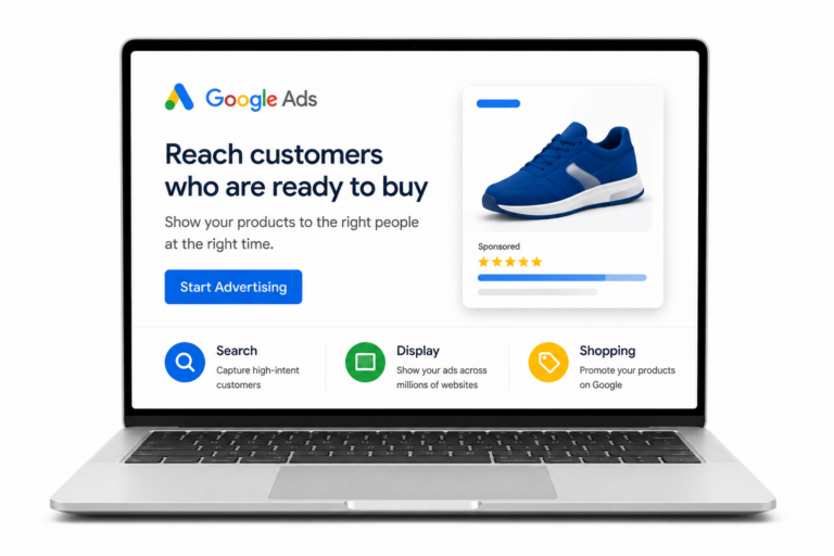 ChatGPT Image Jul 8, 2026, 06_48_22 PM Laptop showing Google Ads interface for A Beginner's Guide to Google Ads for E-Commerce