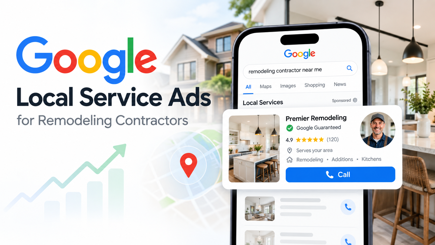 Google Local Service Ads for remodeling contractors, showing a contractor listing with Google Guaranteed, customer ratings, and a call button.